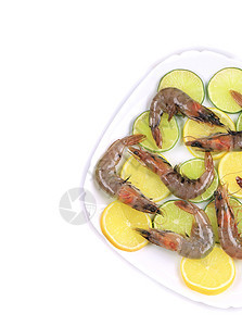 生虾盘加柠檬和石灰养殖白色营养食物贝类甲壳饮食水产海鲜盘子图片