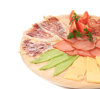 肉和奶酪贴近早餐大理石蓝色小吃白色盘子香菜模具木头美食图片