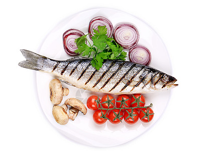 带蔬菜的灰泥鱼佳肴美味沙拉食物辣椒美食午餐栖息盘子海鲜图片