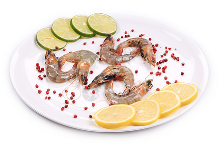 虾养殖盘子里有生虾食物白色营养柠檬海鲜胡椒动物甲壳养殖饮食背景