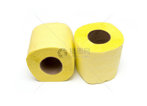白纸上隔绝的卫生纸卷浴室黄色卫生设施缓冲器清洁工家庭白色纤维素配件图片
