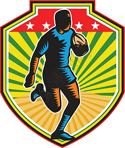 橄榄球玩家跑球盾牌雷特罗男性跑步联盟木刻艺术品运动联赛插图图片