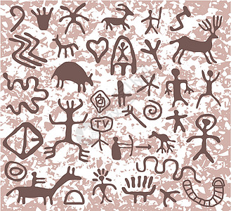 古代洞穴花纹形态石头历史性框架岩石艺术脚本岩画绘画动物打猎图片