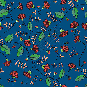 黑暗背景上的红花漩涡插图曲线植物墙纸风格绿色花瓣蓝色叶子图片