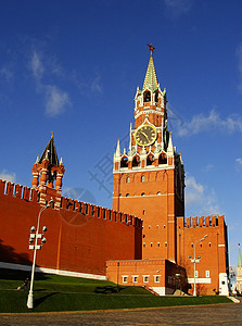 Spaskaya塔 俄罗斯莫斯科克里姆林宫纪念馆景观宗教蓝色堡垒地标建筑学全景正方形天空图片
