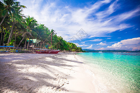 拥有绿绿水和白沙的理想热带海滩假期天堂海洋蓝色海浪椰子旅行晴天太阳丛林背景图片