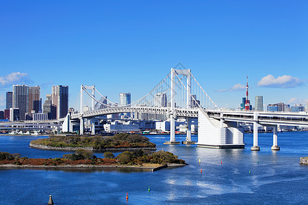 东京市天际建筑学金融旅行建筑地标电缆港口彩虹摩天大楼场景图片