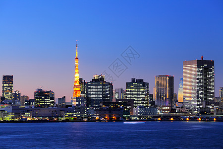 铁塔东京市夜景支撑日落地标城市建筑物金融天际景观海岸背景