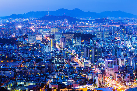 城市鸟瞰夜景夜间首尔市风景市中心景观住宅公寓夜景金融商业天线场景都市背景