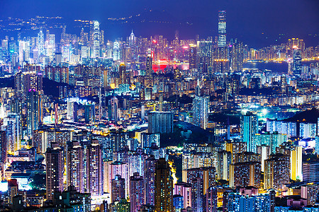 香港晚上的天线风景景观都市建筑住宅顶峰天际办公室摩天大楼场景图片