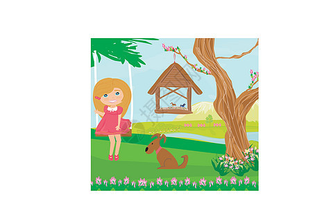 小女孩摇摆孩子木头场地花园卡通片鸟类艺术品叶子女孩耳机图片