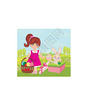甜甜的女孩和复活节兔子孩子村庄庆典篮子插图季节墙纸动物宠物花园图片