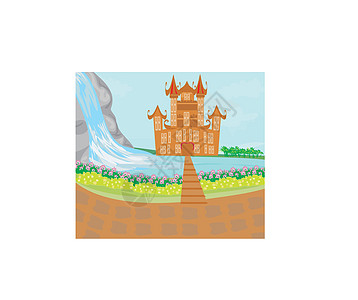 中世纪城堡的全景童话石头草地建筑插图小说故事艺术品堡垒棕色图片