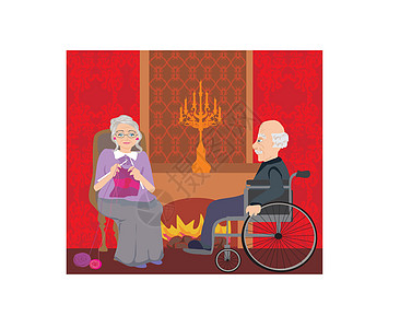 在家休息的老年夫妇人员轮椅幸福窗户女性绘画闲暇烛台插图椅子图片