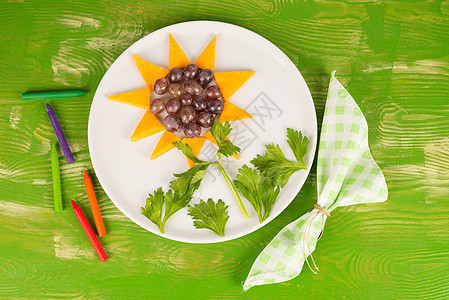 向日葵甜点创造力装饰水平美食服务童年乐趣食物水果盘子图片
