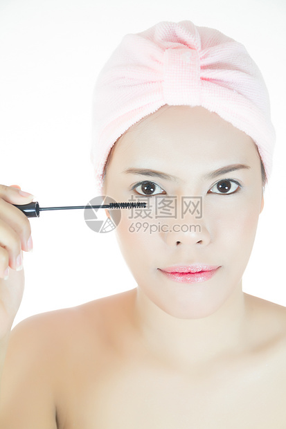 美丽的亚洲年轻成年女性白色阴影魅力女孩睫毛膏化妆品皮肤眼睛女士刷子图片
