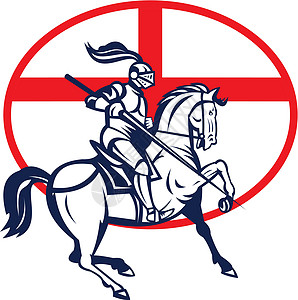 圣乔治英国骑士骑马英格兰旗帜圈雷特罗插画