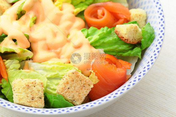 新鲜沙拉食物盘子午餐白色面包蔬菜美食绿色熏肉图片
