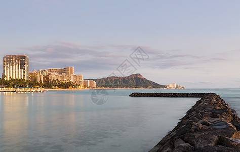 夏威夷全景钻石头景观天堂海岸线蓝色建筑物热带城市公园支撑图片