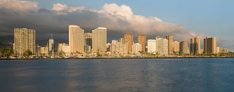 夏威夷的全景城市建筑物蓝色公园热带假期旅游日落酒店支撑图片