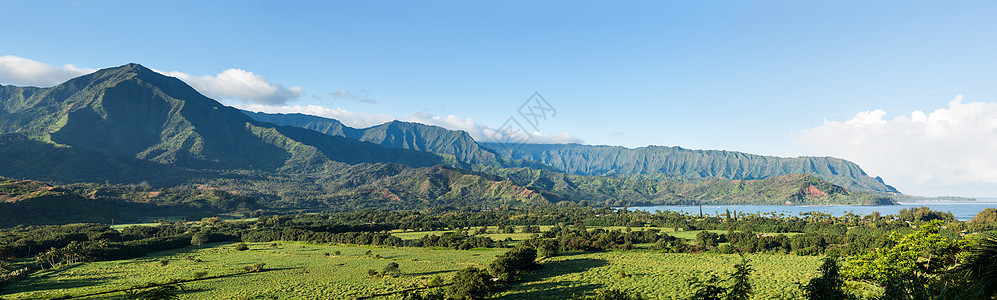 考艾岛哈纳莱伊全景支撑海景海岸日出戏剧性农场海滩山脉阳光热带图片