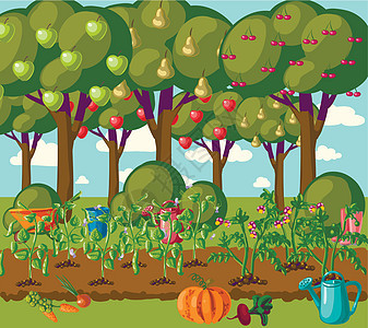 带有根蔬菜的古老花园横幅土壤生长厨房卡通片场地艺术土地农场食物萝卜图片