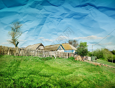 农村夏季景观全景建筑花园农场场地住宅房子国家爬坡道蓝色图片