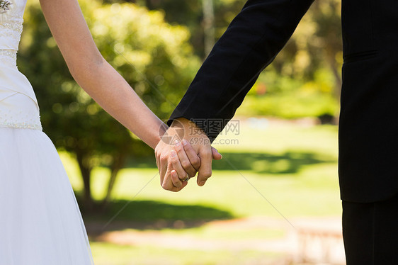 新婚夫妇在公园中手握手的中间部分图片