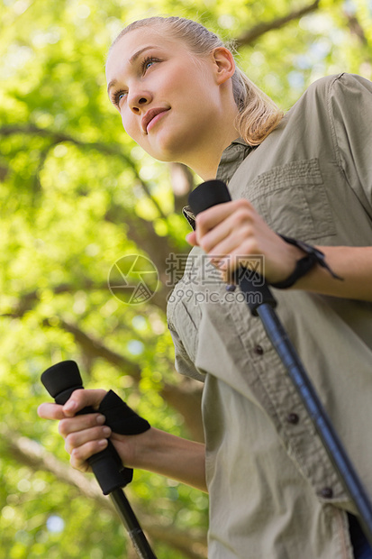 北欧在公园中行走的美丽的年轻女士训练活动娱乐生活方式女性登山杖衬衫闲暇健走身体图片