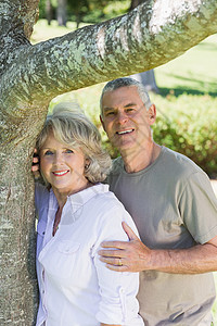 除了公园的树外 笑一笑成年夫妇花园树干女性女士头发成人男人老年夫妻闲暇图片