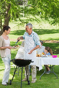 大家庭在草坪吃午饭烧烤老年食物母亲公园桌子烹饪男性父母享受图片