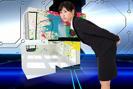 商业妇女严重弯曲的复合形象计算商务蓝色创新专注屏幕女性技术计算机人士图片