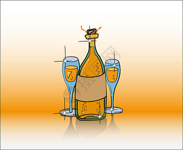 香槟酒瓶和两杯金色眼镜图片