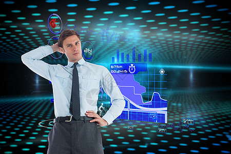 以手持头部思考的商务人士综合图象火花科技蓝色商务锁孔数据图表技术职业开幕式图片