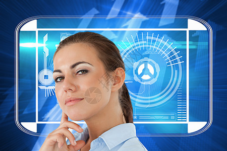 年轻商业女青年思维的侧面综合形象未来派蓝色绘图界面商务计算机计算辉光数字女性图片