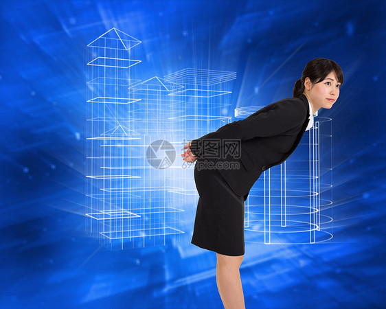 商业妇女严重弯曲的复合形象蓝色界面电脑未来派数字职业计算辉光人士女性图片