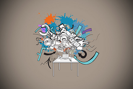 计算机和箭头在油漆喷洒上的复合图像插图飞溅灰色艺术涂鸦头脑绘图电脑风暴创造力图片