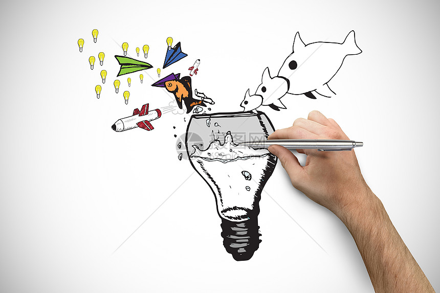 手握银笔的复合图象绘画白色灯泡计算机创新灰色写作涂鸦数字插图图片