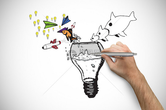 手握银笔的复合图象绘画白色灯泡计算机创新灰色写作涂鸦数字插图图片
