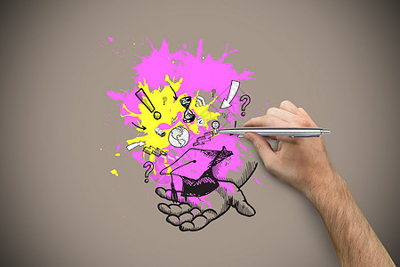 手握银笔的复合图象计算机灰色艺术教育创造力绘画写作插图手臂飞溅图片