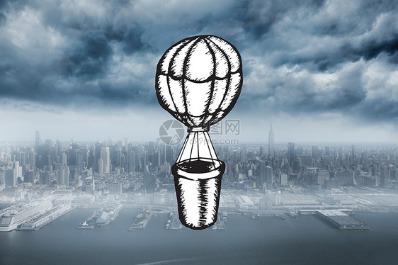 热空气气球涂面复合图像计算机热气球绘图景观建筑支撑涂鸦城市码头摩天大楼图片
