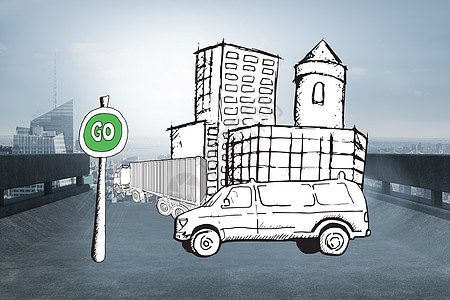街上面包车的复合图象 上面写着涂鸦计算机城市绿色绘图景观街道摩天大楼建筑车辆运输图片