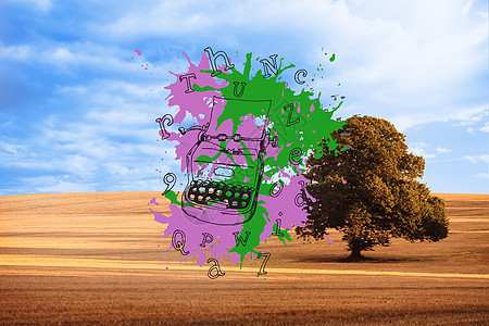 油漆喷洒上打字机的复合图像绘图草地阳光艺术天空飞溅蓝色场地创造力计算机图片