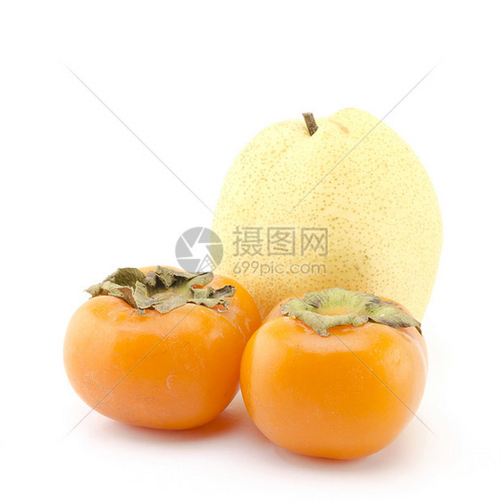 白上孤立的中国梨和两只西门橙子水果柿子热带团体饮食黄色营养农场市场图片