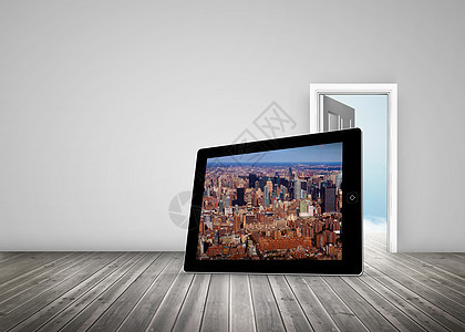 平板屏幕上纽约新星的复合图像城市天空蓝色开幕式灰色阳光媒体地面摩天大楼设备图片