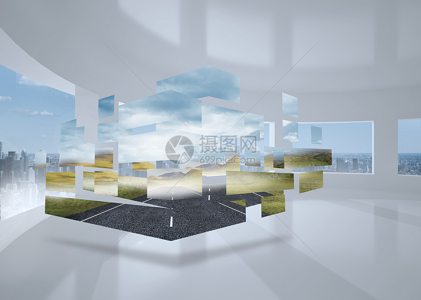抽象屏幕上的开放道路综合图象未来派展示计算机多云景观天空窗户城市阳光绘图图片