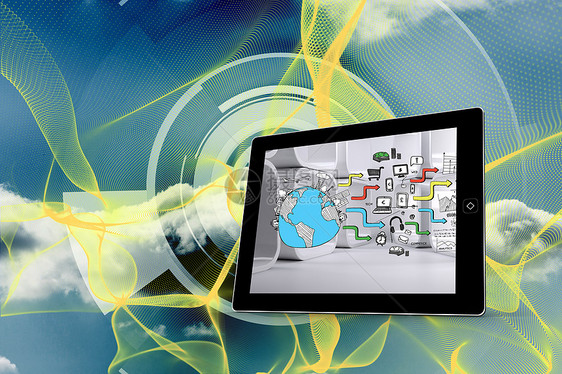 平板屏幕上地球集思广益的复合图像头脑风暴流程图数字未来派电脑绘图计算机设备媒体图片