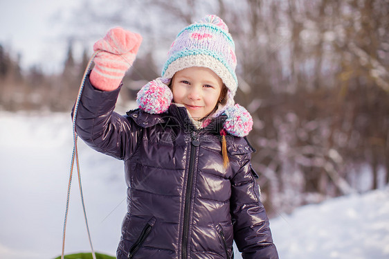 小可爱的快乐女孩 享受阳光明媚的冬日雪公园帽子衣服微笑季节幸福外套喜悦女儿森林图片