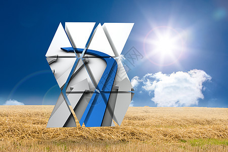 抽象屏幕上蓝色箭头的复合图像阳光未来派农村展示天空场地太阳计算机晴天稻草图片