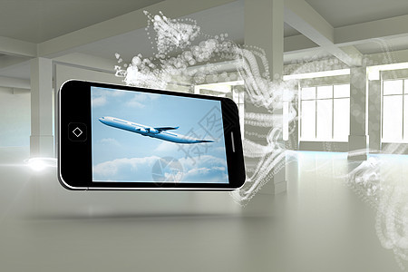 智能手机屏幕上的飞机复合图像图象航空数字未来派航班绘图飞行计算机活力旅游窗户图片